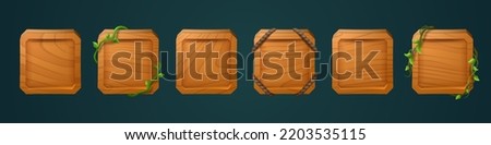 Square wooden frames for game user avatar. Empty boards from brown wood with jungle vines and ropes, game buttons isolated on background, vector cartoon set