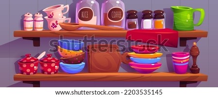 Kitchen shelves with utensil, kitchenware, cups, plates and dishes. Coffee, salt, pepper pot, wood cutting board, glass seasoning jars on wooden wall rack, household interior Cartoon illustration
