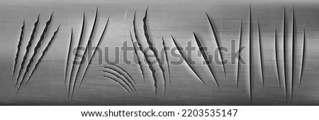 Set of realistic scratch marks on grey background. Vector illustration of wild animal or dangerous beast claws tracks on glossy metallic surface. Hole in iron sheet with torn edges. Monster attack
