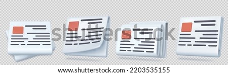 Daily newspaper, paper press with headline, article and picture frame. Folded sheets of journal, magazine, tabloid or gazzete isolated on transparent background, vector 3d illustration