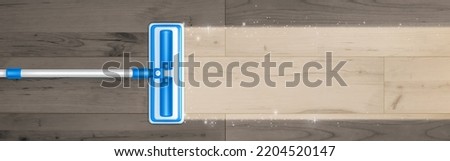Mop cleaning dirty floor, sweeps dust top view. Vector ad background of house cleanup equipment with realistic broom with cloth duster make wooden floor surface shiny