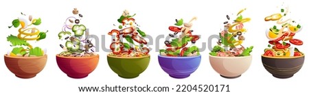 Bowls with salad, healthy food with vegetables. Vector cartoon set of meal dishes for lunch or dinner with flying ingredients, lettuce, cucumber and tomato slices, pepper, egg and sauce