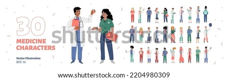 Large set of 30 medical staff characters isolated on white background. Flat vector illustration of male, female doctors, nurses, lab workers of different age, religion, specialty. Hospital employees