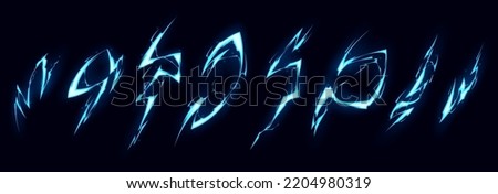 Lightnings, blue thunderbolts, electric strikes isolated on black background. Sparking discharges effect or magic neon light flares, vector cartoon illustration