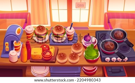 Fast food cafe interior, wooden desk top view with ingredients and cooking supplies. Coffee machine, burgers on tray, oven with pans and cutlets, plates, cutting board, Cartoon vector illustration