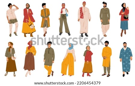 Modern arab people, young male and female characters in traditional dress and headwear. Isolated trendy arabian men and women. Muslim culture and fashion, Cartoon linear flat vector illustration