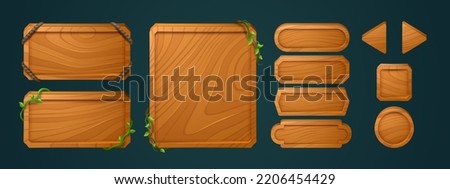 Wooden game buttons, menu interface made of wood textured boards with ropes and vines. ui or gui graphic design elements. Isolated arrows, bars and keys for app user panel, Cartoon 2d vector icons set