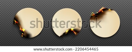 Burning circle paper stickers. Old round notes with fire and black ash on edge isolated on transparent background. Smoldering paper labels with flame, vector realistic set