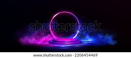 Futuristic stage with neon light circle frame and podium on water surface. Empty studio interior with round platform, glow ring and smoke with sparkles, vector realistic illustration