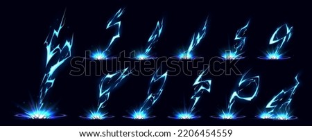 Lightning bolt hit into ground vfx effect. Blue electric or magic thunderbolt strike, impact, crack, wizard energy flash. Powerful electrical discharge, Cartoon vector set isolated on black background