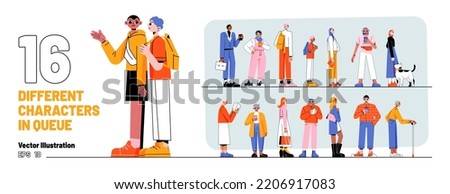 Set of different characters in queue, people stand in line. Multiracial group queuing, teens, young, mature and senior men and women, schoolkids, owner with dog, Linear flat Vector flat illustration