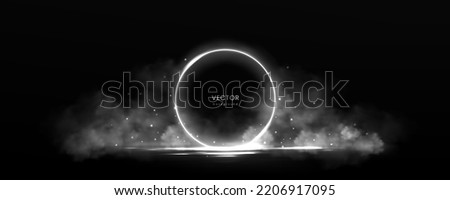 Circle frame with smoke and flying particles on water surface. Round white glowing border among soft clouds. Ring with bright sparkles and flares, Realistic 3d vector abstract monochrome background