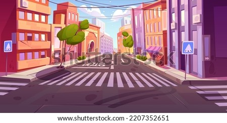 City crossroad, empty transport intersection with zebra crossing, street signs. Urban architecture, road infrastructure, megalopolis with buildings, market stall, trees, Cartoon vector illustration