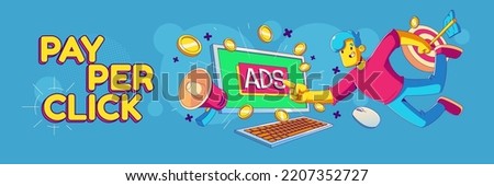 Pay per click banner, ads, ppc business concept with contemporary character clicking on ad link at pc screen. Advertising technology, sponsored media listing, Cartoon linear flat vector illustration