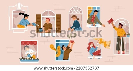 Good neighborhood community with people in house windows sharing things and drinks. Diverse characters give book, houseplant, sharing wine and tea, vector flat illustration