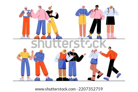School bully torment classmates. Aggressive teenagers laugh and pointing on helpless students. Teens violence and sabotage. Characters bullying, aggression, conflict, Line art flat vector illustration