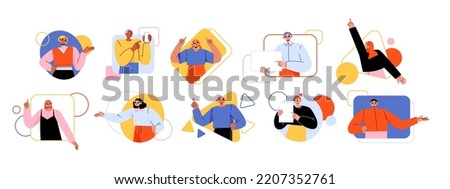 Set of pointing people avatars in geometric figures. Characters point gestures, happy persons showing with fingers in round, rectangular, triangular and square icons Line art flat vector illustration