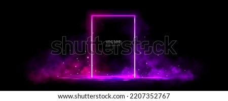 Neon rectangle frame with smoke on water surface. Rectangular glowing border with magic light among soft clouds. Purple portal with bright sparkles and flares Realistic abstract 3d vector background