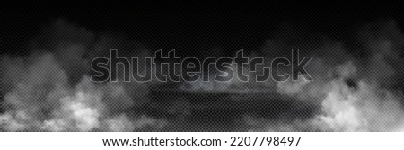 Fog, smoke, white smog clouds on floor, morning mist over the ground or water surface perspective view. Isolated steam circle at night club, magic haze, natural evaporation Realistic 3d vector mockup