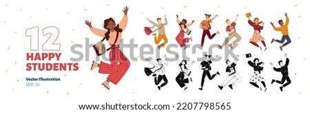 Happy jumping students with bags, backpacks and books. Diverse young people have fun together, joy and jump up isolated on white background, vector hand drawn illustration