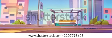 Bus stop with shelter on city street. Urban landscape with public transport station, house, office and hospital buildings, car road with pedestrian crosswalk, vector cartoon illustration