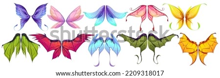 Wings of fairy, dragon or butterfly isolated set. Myth and fable creatures, birds or pixie different wing pairs. Colorful magic collection for rpg game fantasy characters, Cartoon vector illustration