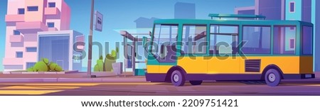 Bus on stop with passengers and driver inside. City street landscape with bus, shelter and bench on public transport station, houses and buildings, car road, vector cartoon illustration