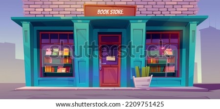 Books store in house on city street. Urban landscape with building facade with shop exterior, books on showcase, brick wall and sidewalk, vector cartoon illustration