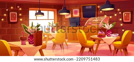 Cozy cafe interior, coffee shop, cafeteria or bakery with sweets on tables, chairs, cashier desk, chalkboard menu and glow garlands. Restaurant or food court with furniture Cartoon vector illustration