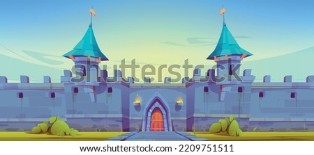 Medieval castle wall, fairytale fortress building with turrets, wooden arched gate and paved road under blue sky. Fantasy magic ancient architecture, royal palace, kingdom Cartoon vector illustration