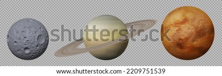 Solar system planets, 3d Saturn, Venus and Moon isolated on transparent background. Celestial bodies, space objects, planets and satellite with detailed surface texture, vector realistic set