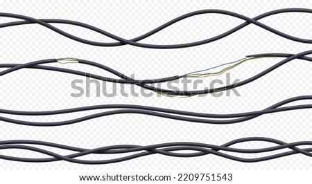 Electric wires, power cables in black plastic tubes. Curved 3d flexible wires, broken and torn energy cables isolated on transparent background, vector realistic set