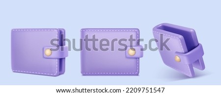 Wallet 3d icon, pocket for money cash and bank cards in front and angle views. Vector illustration of purple purse for bills and banknotes isolated on background