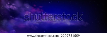 Dark blue sky with stars and fluffy clouds at night. Starry panorama of sky at midnight. Purple clouds on background of galaxy, vector realistic illustration