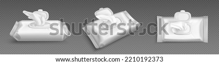 Wet wipes package mock up. Blank white plastic pack with tissues top and angle view. Vector 3d illustration of pouch with open cap and wet napkins isolated on transparent background. 3D Illustration