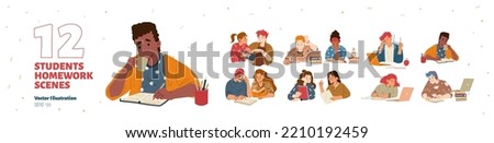 Students do homework, read books, use laptop, drink coffee and write. Scenes of diverse young people learning and study together, vector hand drawn illustration