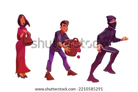 Set of surprised male, female characters and thief isolated on white background. Cartoon vector illustration of shocked woman with purse, scared man dropping fruits from basket, ninja robber in black