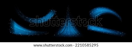 Blue wind waves effect. Abstract light motion trails with sparkles isolated on black background. Fresh cold air blowing from conditioner or cooler, vector realistic set