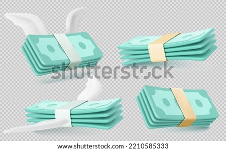 Money banknotes bundles with wings isolated on transparent background. Finance icons of payment, inflation, shopping, savings loss with flying paper cash, 3d vector illustration