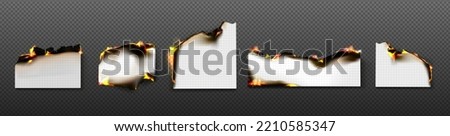 Burning grid paper sheets with fire and black ash. Smoldering notebook pages with checkered pattern and flame isolated on transparent background, vector realistic set