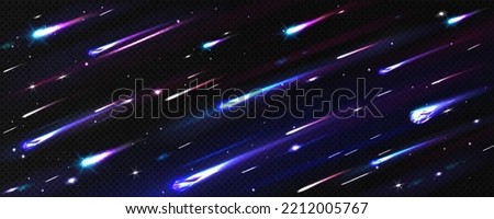 Meteor rain, asteroids or meteorites flying in sky. Glowing comets with flame trails isolated on transparent background. Falling meteors in space, burning fireballs, Realistic Vector illustration, set