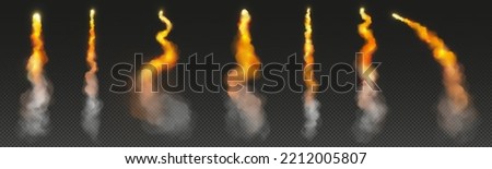 Rocket fire smoke trails, spacecraft startup launch or signal clouds. Space jet flames, airplane or shuttle contrail in sky, design elements isolated on transparent background, Realistic 3d vector set