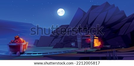 Gold mine entrance with cart full of gold ingots on rails at night nature landscape with moon. Quarry cave outside view with golden nuggets, rocks and stone on trolley, Cartoon Vector illustration