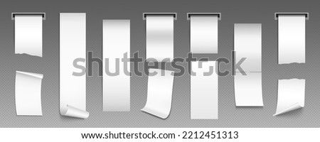 Blank white paper receipts in slot of pos or atm machine. Empty cash checks of purchases in store or supermarket, payment bills mockup isolated on transparent background, vector realistic set