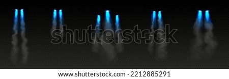 Blue fire trails of jet or rocket flight isolated on transparent background. Jetpack or spaceship launch effect with smoke and flame with sparks, vector realistic set