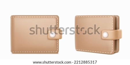 Leather wallet 3d render front and angle view. Realistic beige purse, pocket for money and cards keeping. Luxury accessory with stitches and clasp isolated on white background, Vector illustration