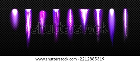 Jetpack light, purple fire flames of space rocket, shuttle launch. Comet or meteor trails isolated on transparent background. Spaceship or plane take off tracks, Realistic 3d vector illustration, set