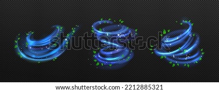 Spiral fresh air swirls with green mint leaves png. Realistic vector illustration set isolated on transparent background. Abstract motion of curled blue vortex. Cool whirlwind bringing refreshment