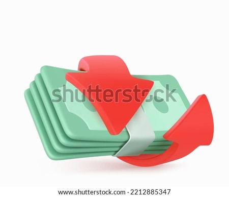 Paper cash bundle, money stack with red circle arrow. Icon of financial transfer, currency exchange, convert with dollar banknotes isolated on white background, 3d vector illustration