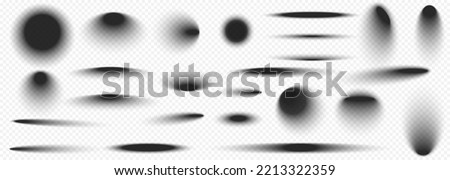 Realistic round shadows with soft edges. Gray circle and oval shades on floor or wall surface, Set of templates different shape and size isolated on transparent background, 3d vector illustration